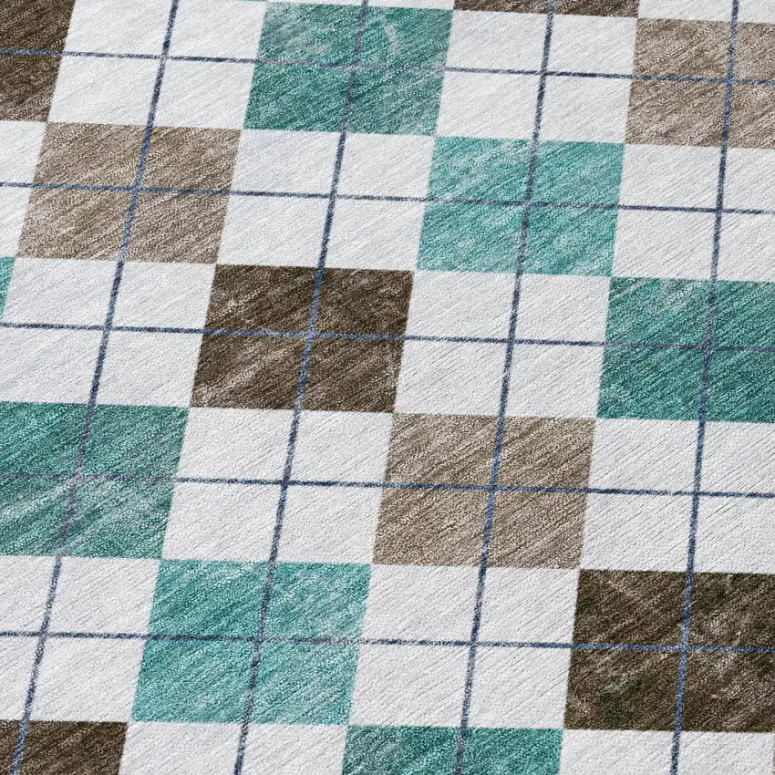 8' Teal Blue Taupe And Ivory Round Geometric Washable Indoor Outdoor Area Rug Photo 7