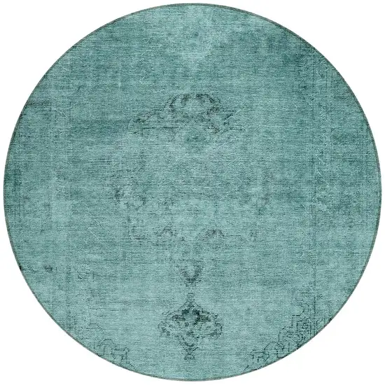 8' Teal Blue Turquoise And Charcoal Round Oriental Washable Indoor Outdoor Area Rug Photo 6