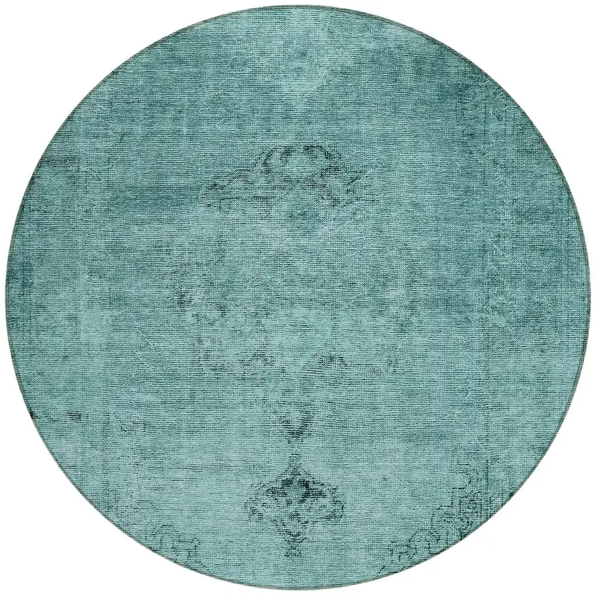 8' Teal Blue Turquoise And Charcoal Round Oriental Washable Indoor Outdoor Area Rug Photo 6