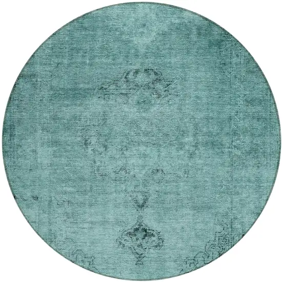 8' Teal Blue Turquoise And Charcoal Round Oriental Washable Indoor Outdoor Area Rug Photo 2