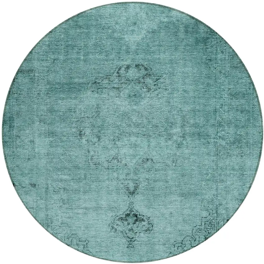 8' Teal Blue Turquoise And Charcoal Round Oriental Washable Indoor Outdoor Area Rug Photo 2