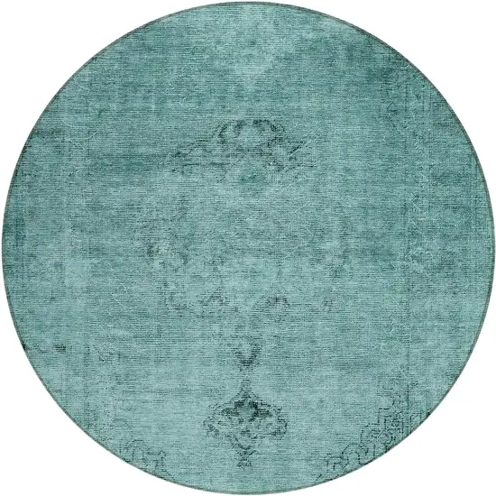8' Teal Blue Turquoise And Charcoal Round Oriental Washable Indoor Outdoor Area Rug Photo 2