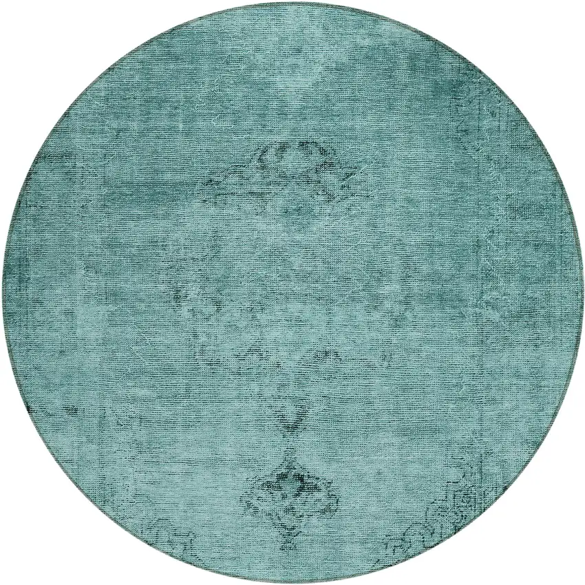 8' Teal Blue Turquoise And Charcoal Round Oriental Washable Indoor Outdoor Area Rug Photo 2