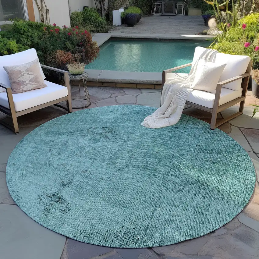 8' Teal Blue Turquoise And Charcoal Round Oriental Washable Indoor Outdoor Area Rug Photo 7