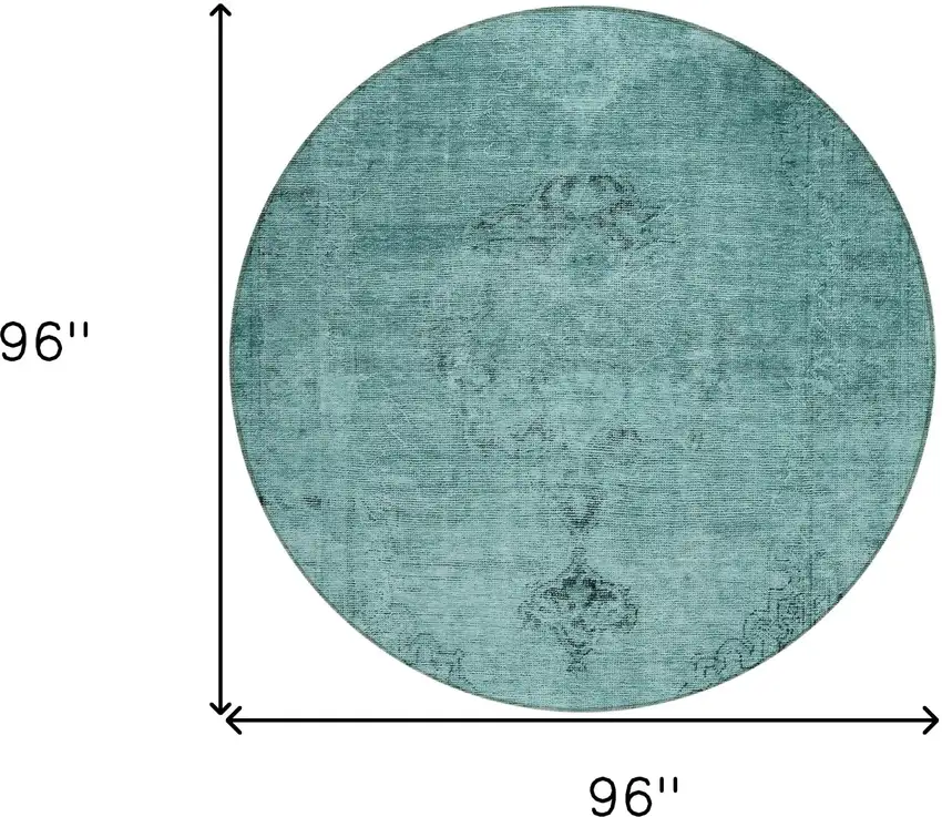 8' Teal Blue Turquoise And Charcoal Round Oriental Washable Indoor Outdoor Area Rug Photo 3