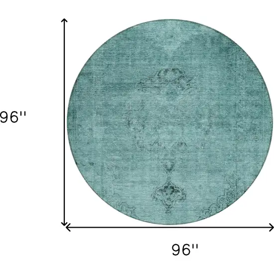 8' Teal Blue Turquoise And Charcoal Round Oriental Washable Indoor Outdoor Area Rug Photo 3