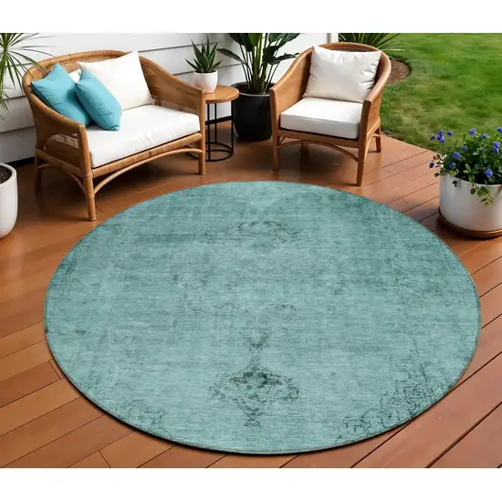 8' Teal Blue Turquoise And Charcoal Round Oriental Washable Indoor Outdoor Area Rug Photo 1