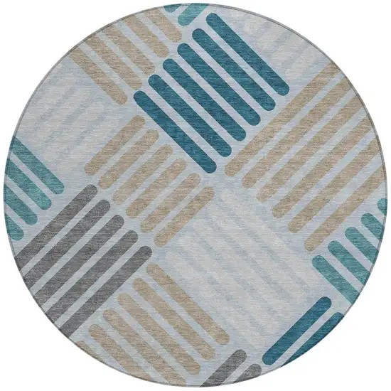 8' Teal Blue Wheat And Gray Round Geometric Washable Indoor Outdoor Area Rug Photo 4