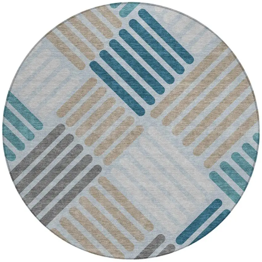 8' Teal Blue Wheat And Gray Round Geometric Washable Indoor Outdoor Area Rug Photo 4