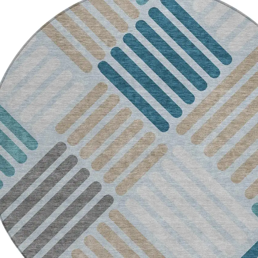 8' Teal Blue Wheat And Gray Round Geometric Washable Indoor Outdoor Area Rug Photo 7