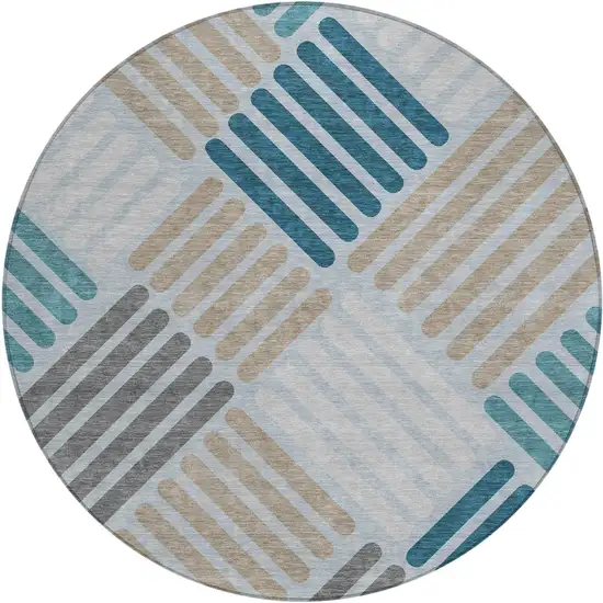 8' Teal Blue Wheat And Gray Round Geometric Washable Indoor Outdoor Area Rug Photo 2