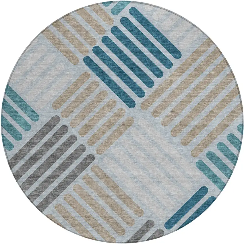 8' Teal Blue Wheat And Gray Round Geometric Washable Indoor Outdoor Area Rug Photo 2