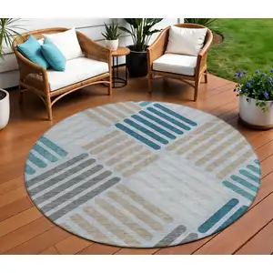 Photo of 8' Teal Blue Wheat And Gray Round Geometric Washable Indoor Outdoor Area Rug