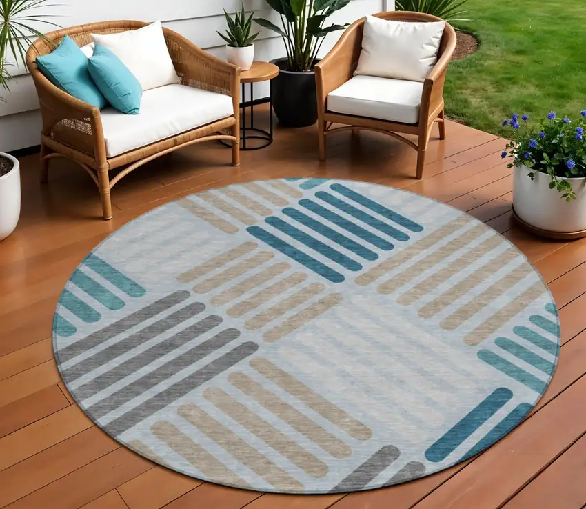 8' Teal Blue Wheat And Gray Round Geometric Washable Indoor Outdoor Area Rug Photo 1