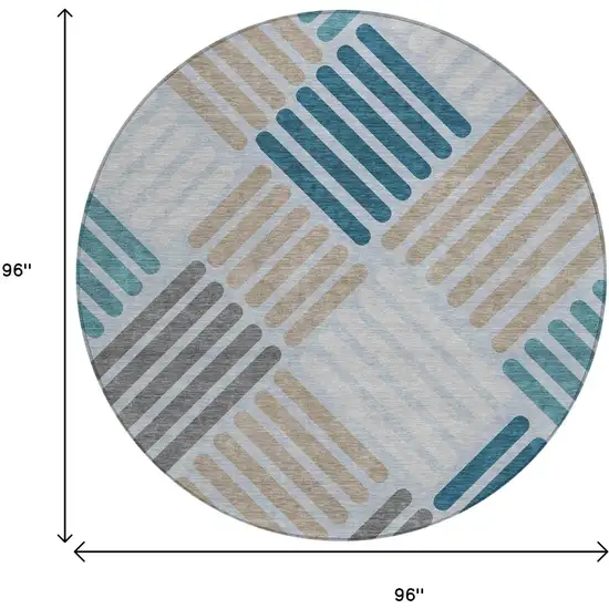 8' Teal Blue Wheat And Gray Round Geometric Washable Indoor Outdoor Area Rug Photo 3