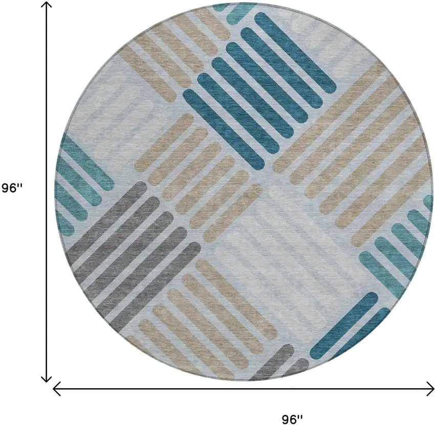 8' Teal Blue Wheat And Gray Round Geometric Washable Indoor Outdoor Area Rug Photo 3