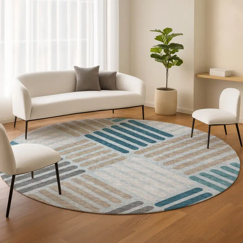 8' Teal Blue Wheat And Gray Round Geometric Washable Indoor Outdoor Area Rug Photo 9