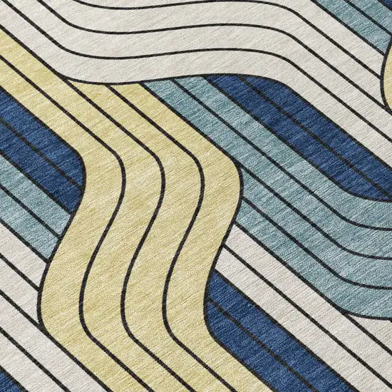 8' Teal Blue Wheat And Ivory Round Striped Washable Indoor Outdoor Area Rug Photo 9