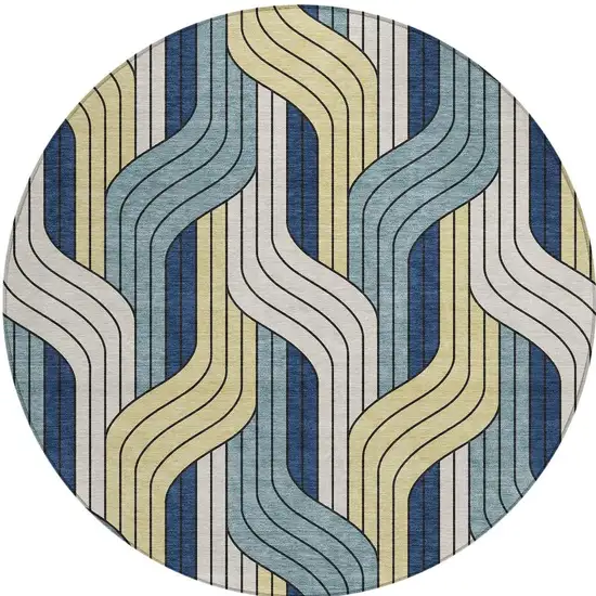 8' Teal Blue Wheat And Ivory Round Striped Washable Indoor Outdoor Area Rug Photo 3