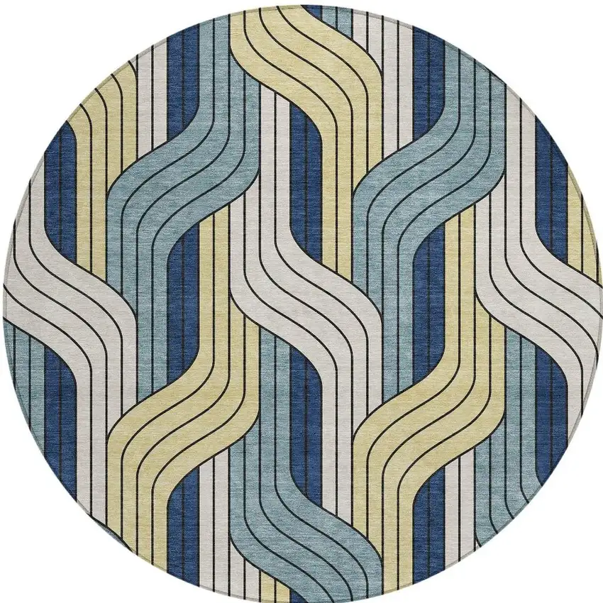 8' Teal Blue Wheat And Ivory Round Striped Washable Indoor Outdoor Area Rug Photo 3
