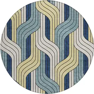 Photo of 8' Teal Blue Wheat And Ivory Round Striped Washable Indoor Outdoor Area Rug