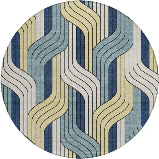 8' Teal Blue Wheat And Ivory Round Striped Washable Indoor Outdoor Area Rug Photo 1
