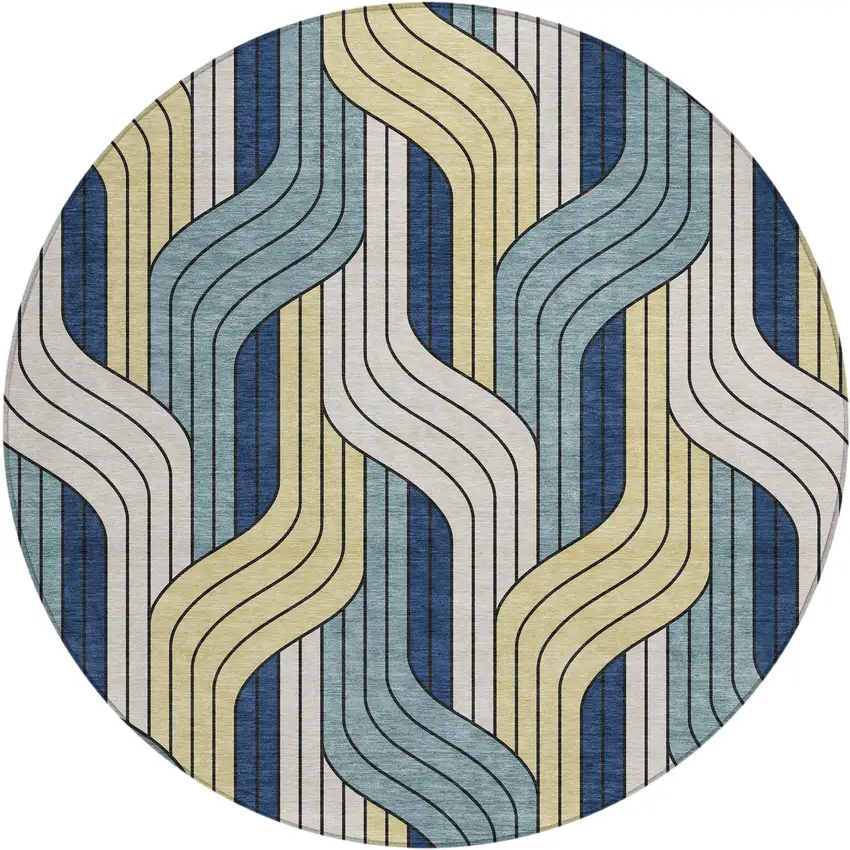 8' Teal Blue Wheat And Ivory Round Striped Washable Indoor Outdoor Area Rug Photo 1