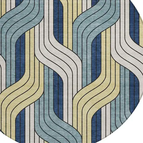 8' Teal Blue Wheat And Ivory Round Striped Washable Indoor Outdoor Area Rug Photo 2