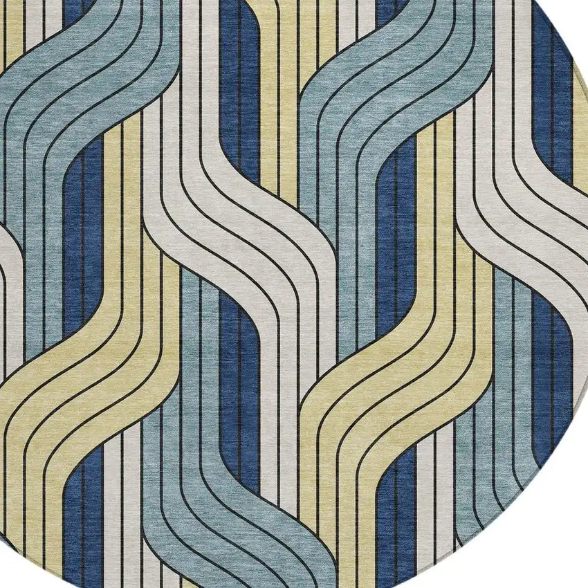 8' Teal Blue Wheat And Ivory Round Striped Washable Indoor Outdoor Area Rug Photo 2