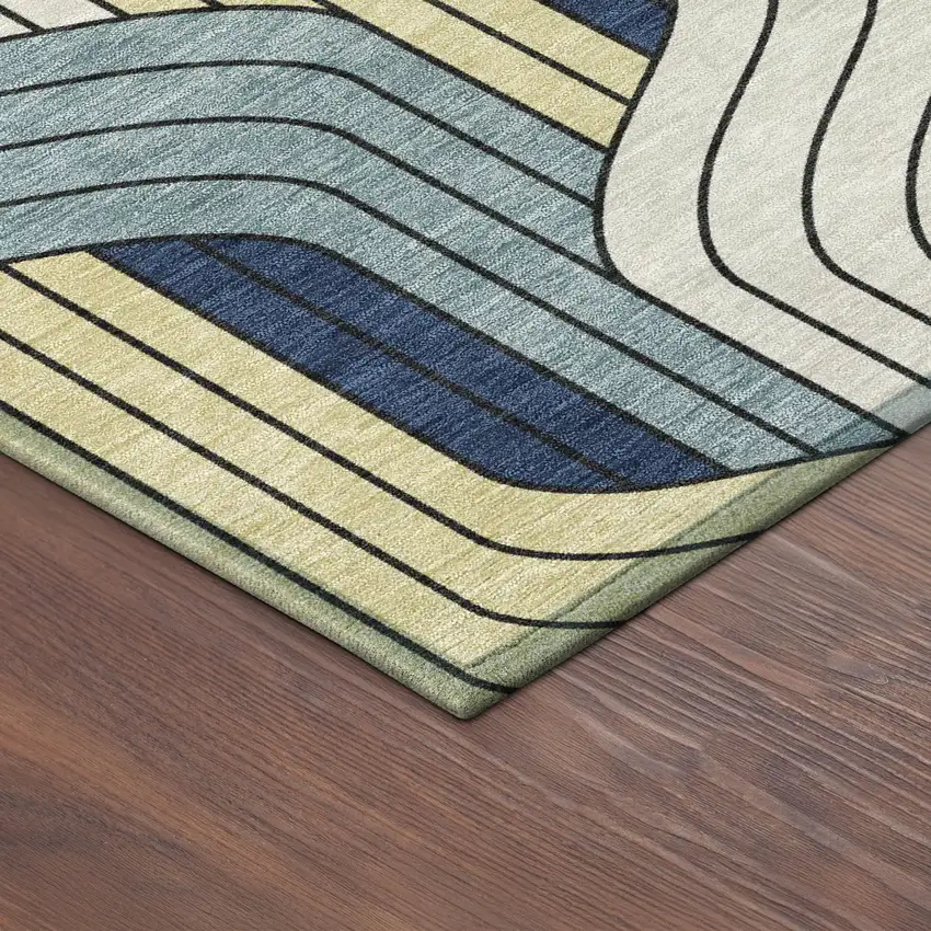 8' Teal Blue Wheat And Ivory Round Striped Washable Indoor Outdoor Area Rug Photo 8