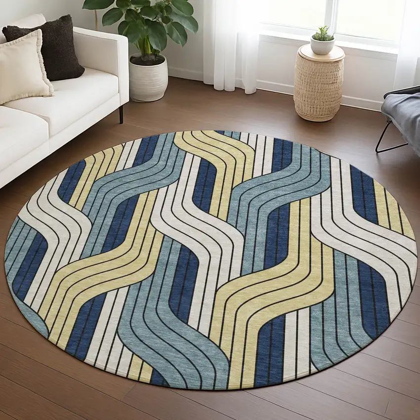 8' Teal Blue Wheat And Ivory Round Striped Washable Indoor Outdoor Area Rug Photo 5