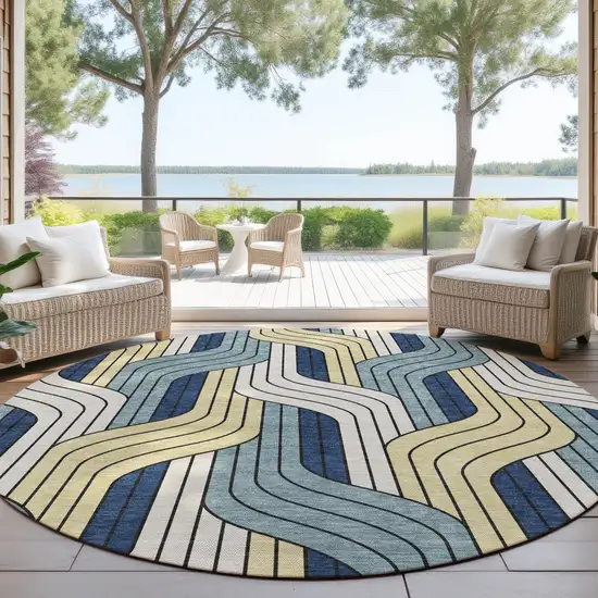 8' Teal Blue Wheat And Ivory Round Striped Washable Indoor Outdoor Area Rug Photo 4