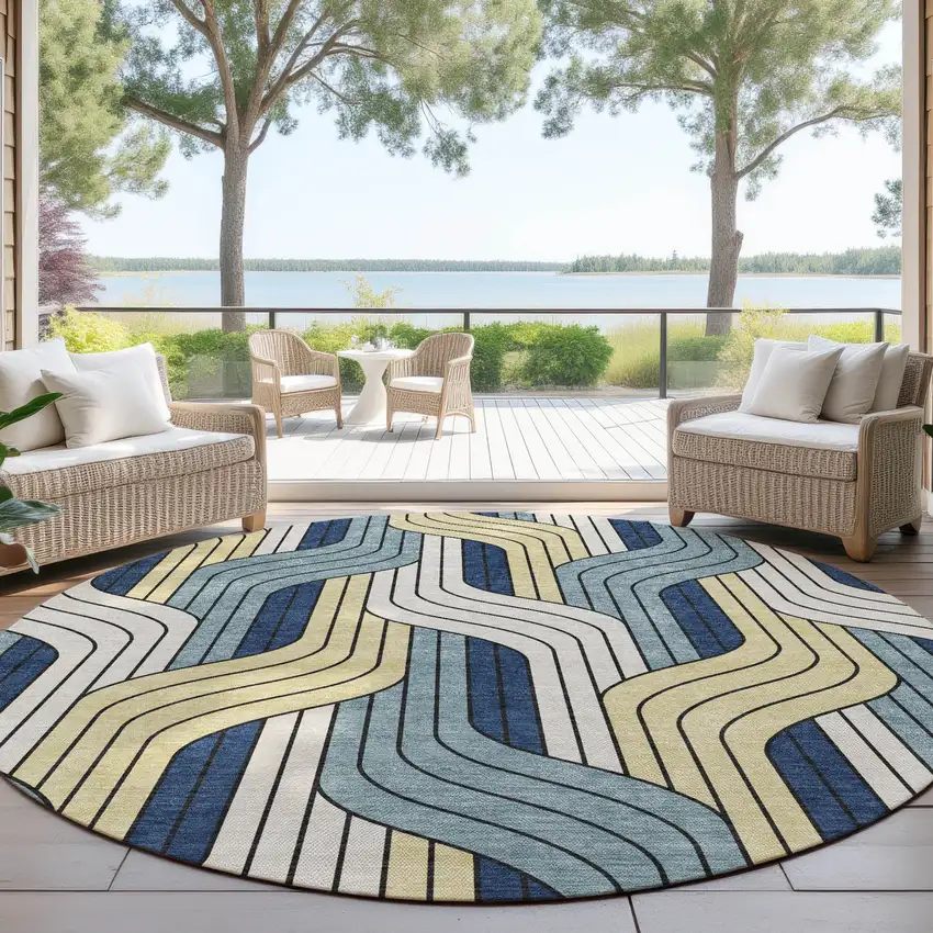 8' Teal Blue Wheat And Ivory Round Striped Washable Indoor Outdoor Area Rug Photo 4