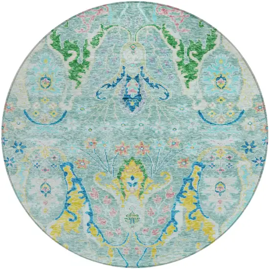 8' Teal Blue Yellow And Green Round Floral Washable Indoor Outdoor Area Rug Photo 1