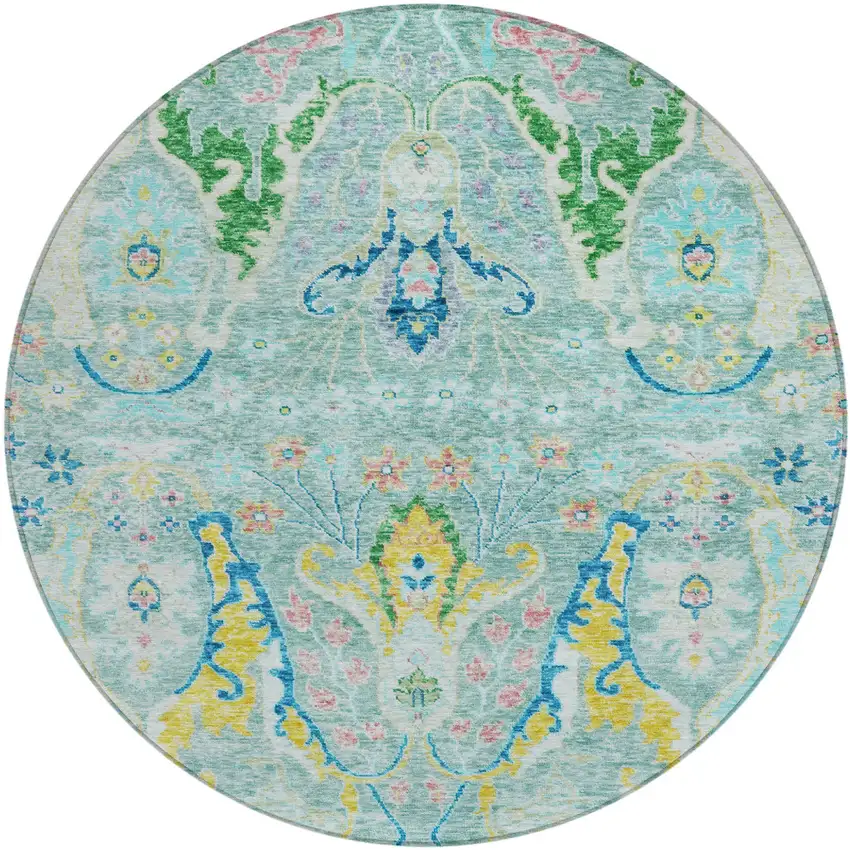 8' Teal Blue Yellow And Green Round Floral Washable Indoor Outdoor Area Rug Photo 1