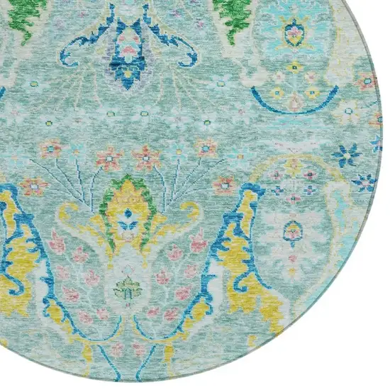 8' Teal Blue Yellow And Green Round Floral Washable Indoor Outdoor Area Rug Photo 4