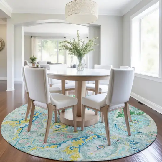 8' Teal Blue Yellow And Green Round Floral Washable Indoor Outdoor Area Rug Photo 6