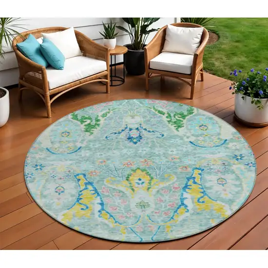 8' Teal Blue Yellow And Green Round Floral Washable Indoor Outdoor Area Rug Photo 2