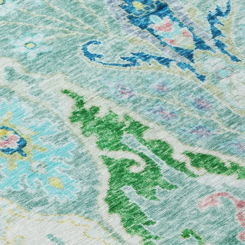 8' Teal Blue Yellow And Green Round Floral Washable Indoor Outdoor Area Rug Photo 8