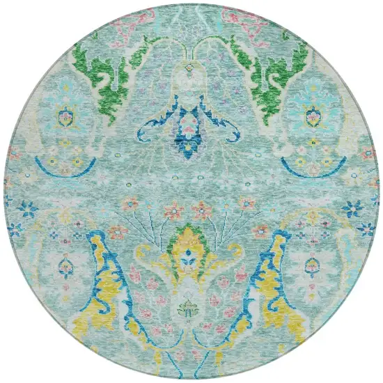 8' Teal Blue Yellow And Green Round Floral Washable Indoor Outdoor Area Rug Photo 3