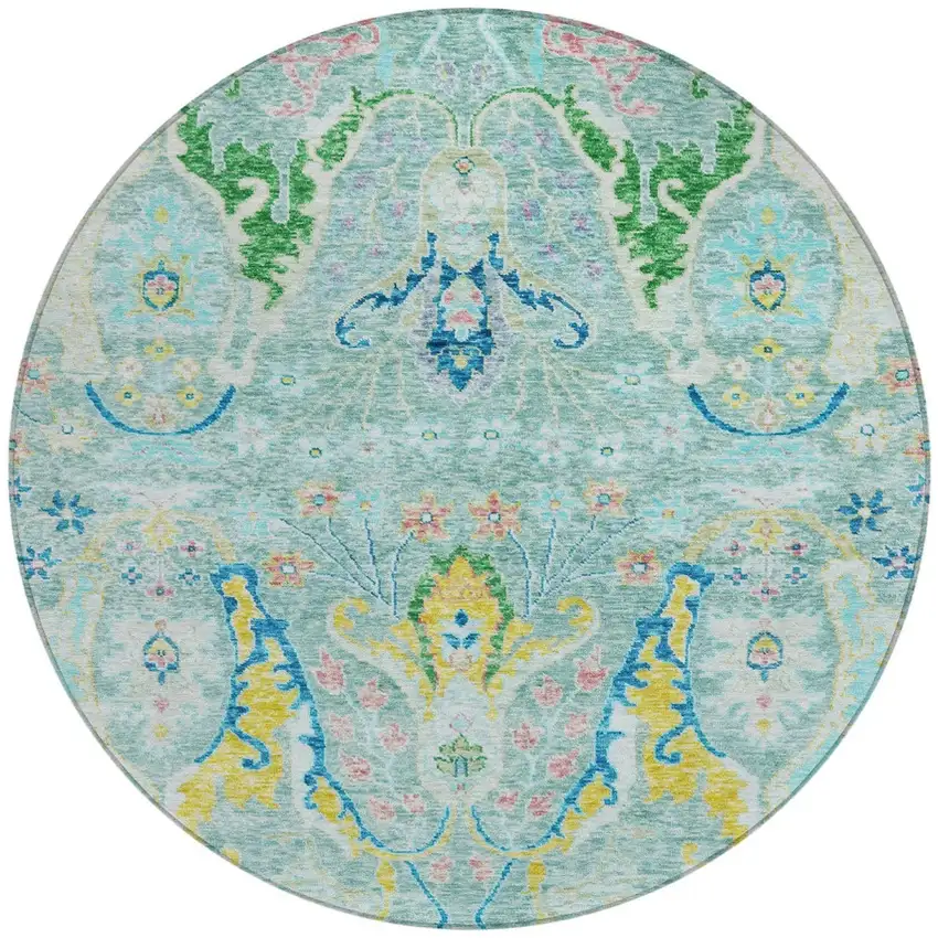 8' Teal Blue Yellow And Green Round Floral Washable Indoor Outdoor Area Rug Photo 3