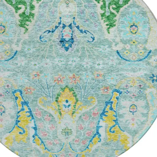 8' Teal Blue Yellow And Green Round Floral Washable Indoor Outdoor Area Rug Photo 9