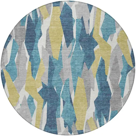 8' Teal Blue Yellow And Ivory Round Striped Washable Indoor Outdoor Area Rug Photo 4
