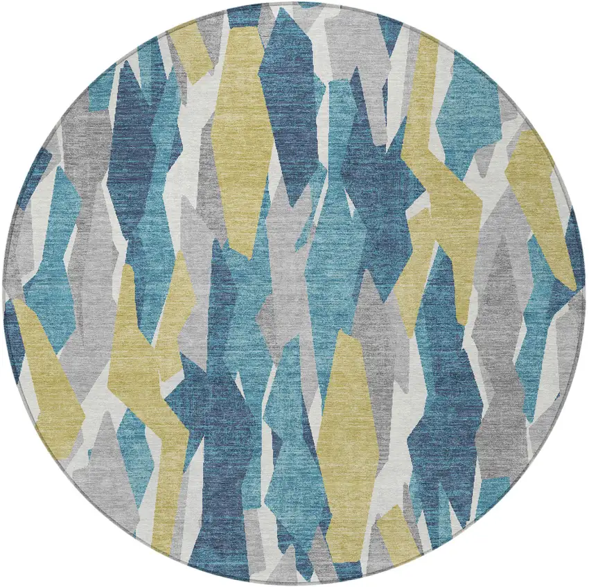 8' Teal Blue Yellow And Ivory Round Striped Washable Indoor Outdoor Area Rug Photo 4