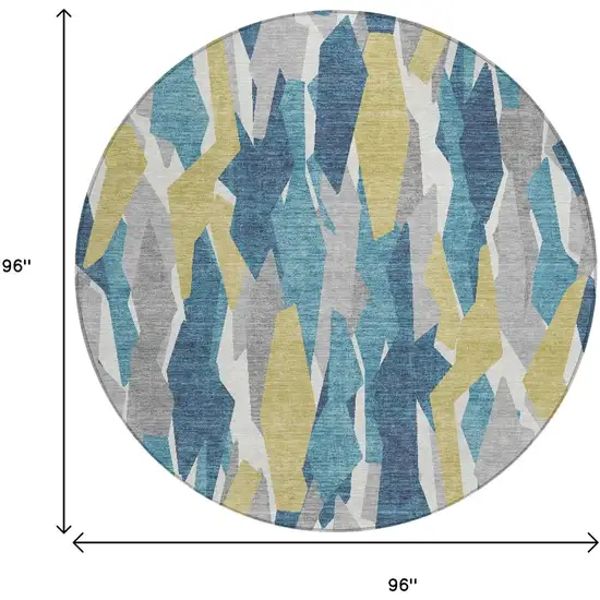 8' Teal Blue Yellow And Ivory Round Striped Washable Indoor Outdoor Area Rug Photo 3