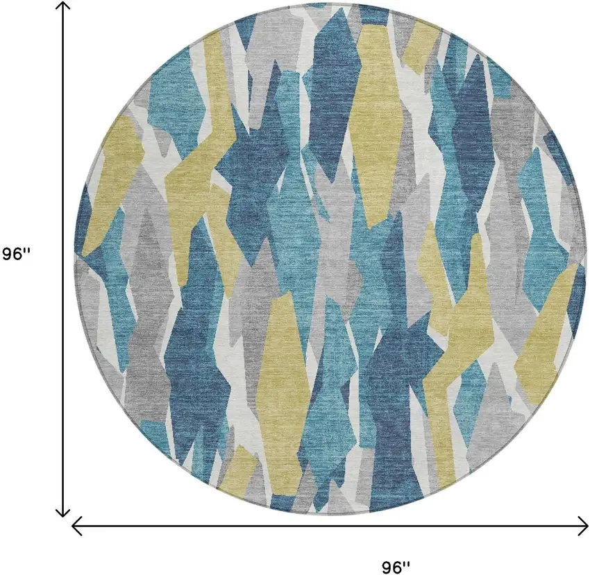 8' Teal Blue Yellow And Ivory Round Striped Washable Indoor Outdoor Area Rug Photo 3