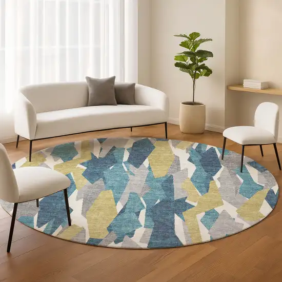 8' Teal Blue Yellow And Ivory Round Striped Washable Indoor Outdoor Area Rug Photo 9