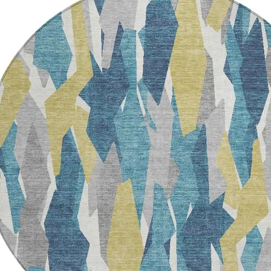 8' Teal Blue Yellow And Ivory Round Striped Washable Indoor Outdoor Area Rug Photo 7