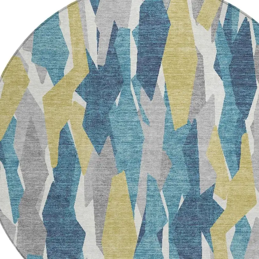 8' Teal Blue Yellow And Ivory Round Striped Washable Indoor Outdoor Area Rug Photo 7