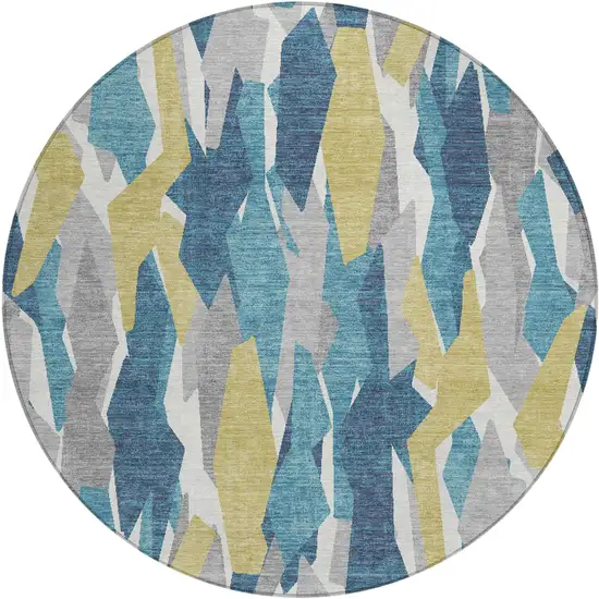 8' Teal Blue Yellow And Ivory Round Striped Washable Indoor Outdoor Area Rug Photo 2